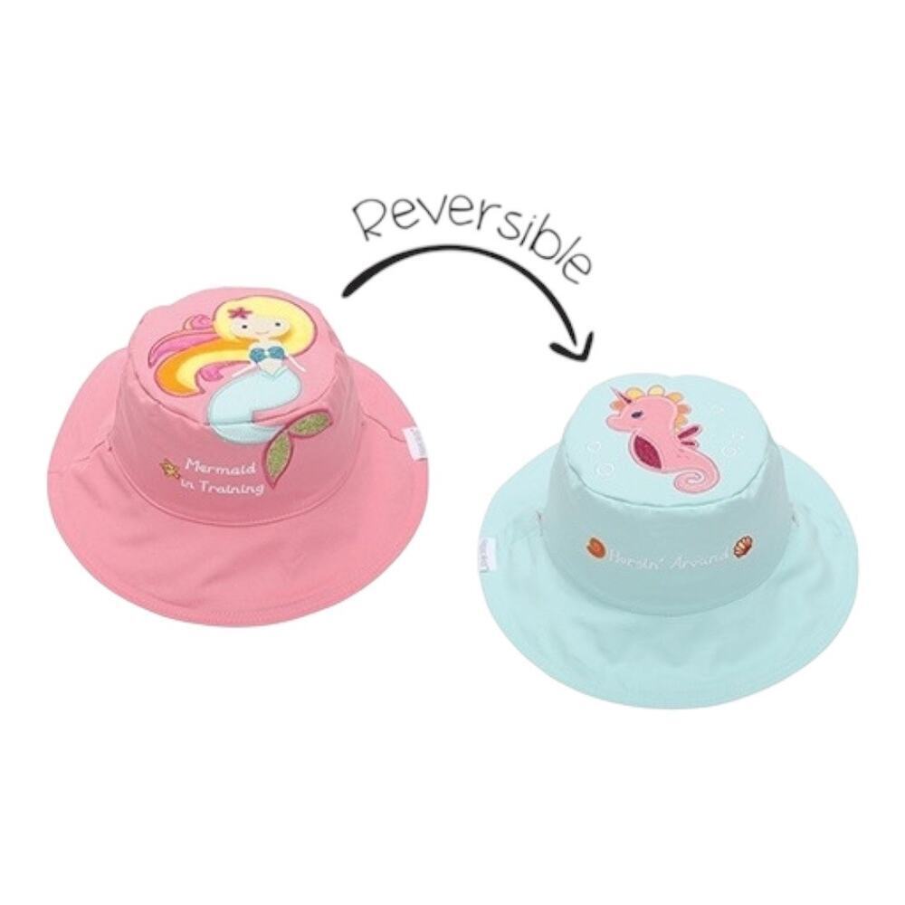 Reversible Girls size 4-6 years Sun Hat pink Mermaid hat blue Seahorse beach hat